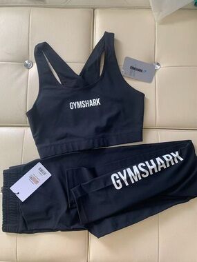 Gymshark Black Sports Bra and Leggings Set with White Logo